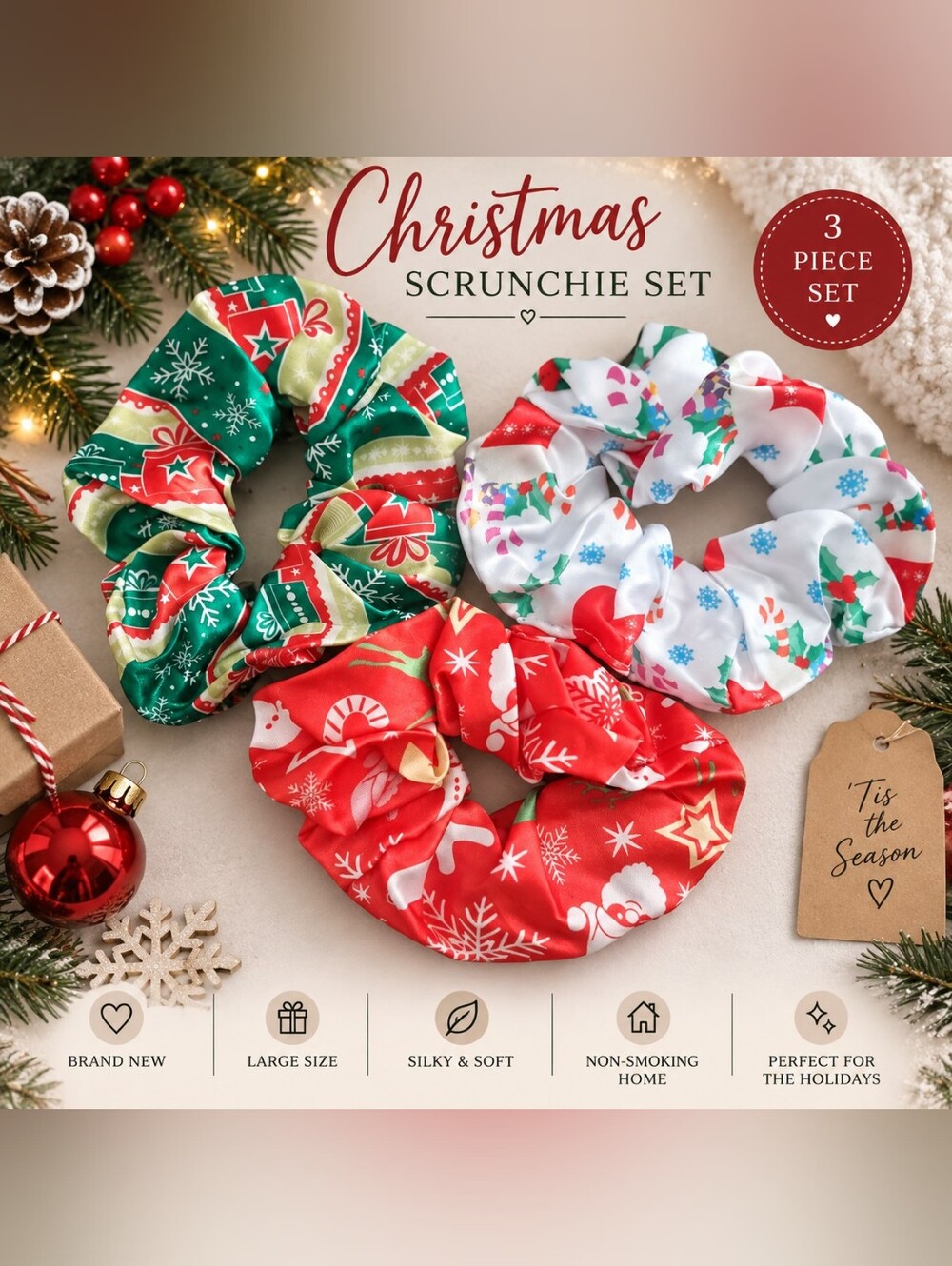 Silky Large Christmas Scrunchie Set Red Green White Santa Snowman Gifts New